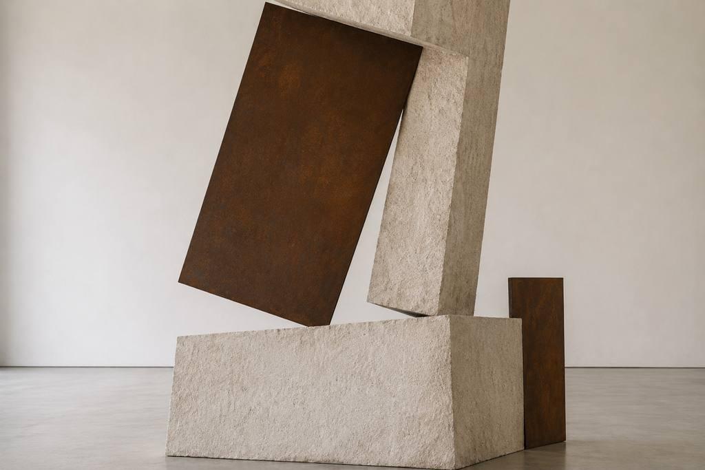 Vue rapprochée Silent Quarry: des blocs de pierre calcaire fracturée soutenus par une structure en acier patiné.