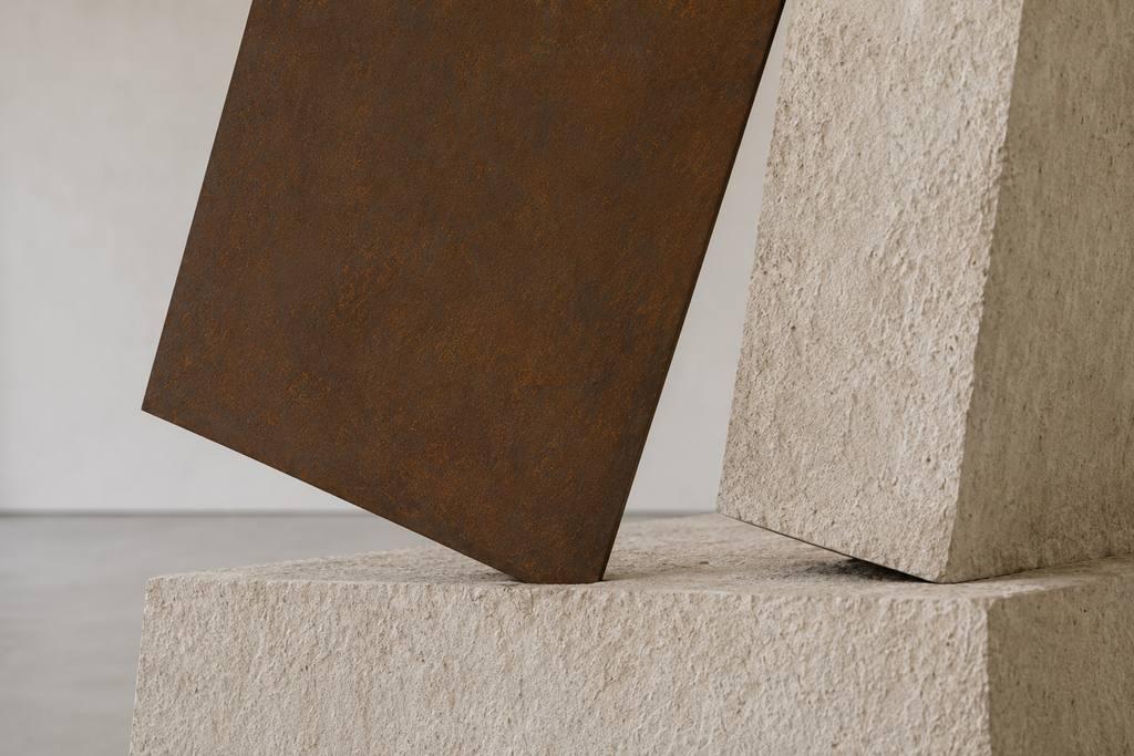 Détail Silent Quarry: des blocs de pierre calcaire fracturée soutenus par une structure en acier patiné.