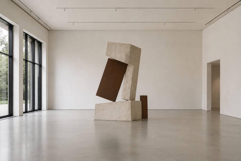 Vue dans la galerie Silent Quarry: des blocs de pierre calcaire fracturée soutenus par une structure en acier patiné.
