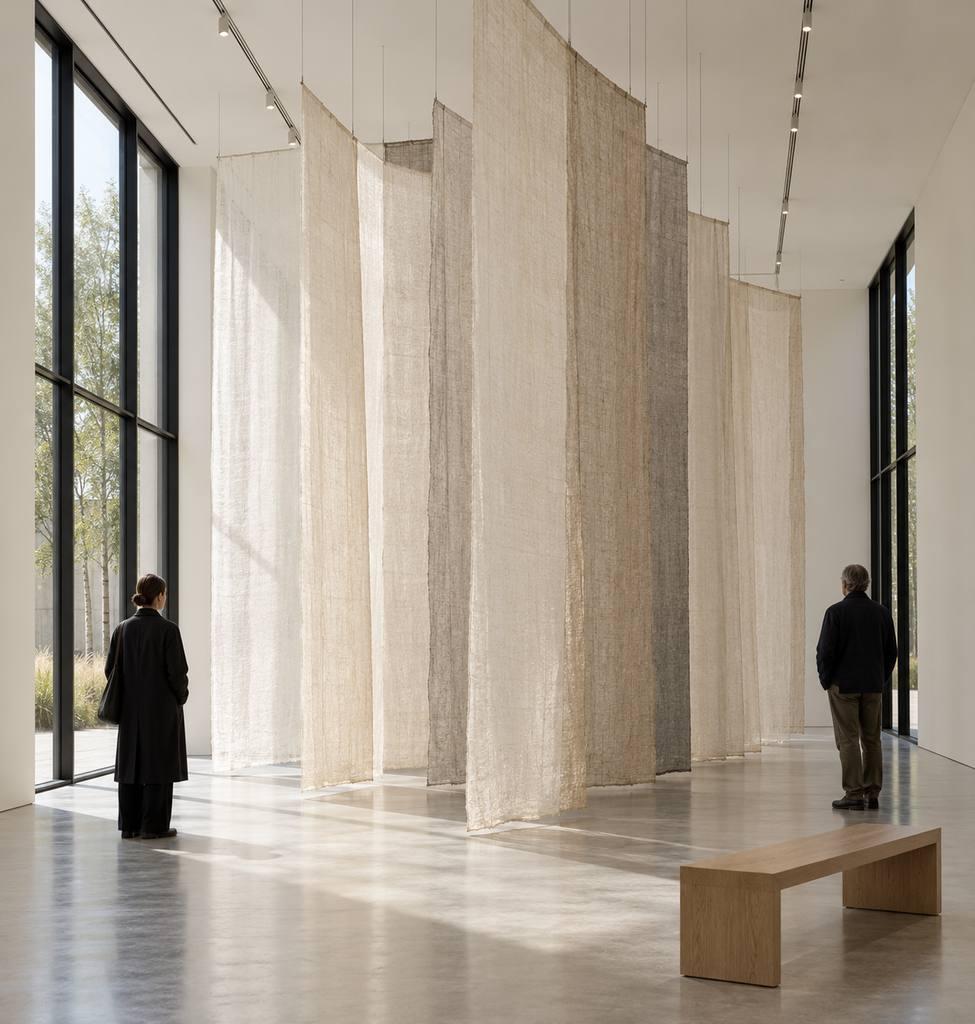 Vue principale Threshold: des voiles textiles translucides suspendus en couches successives.