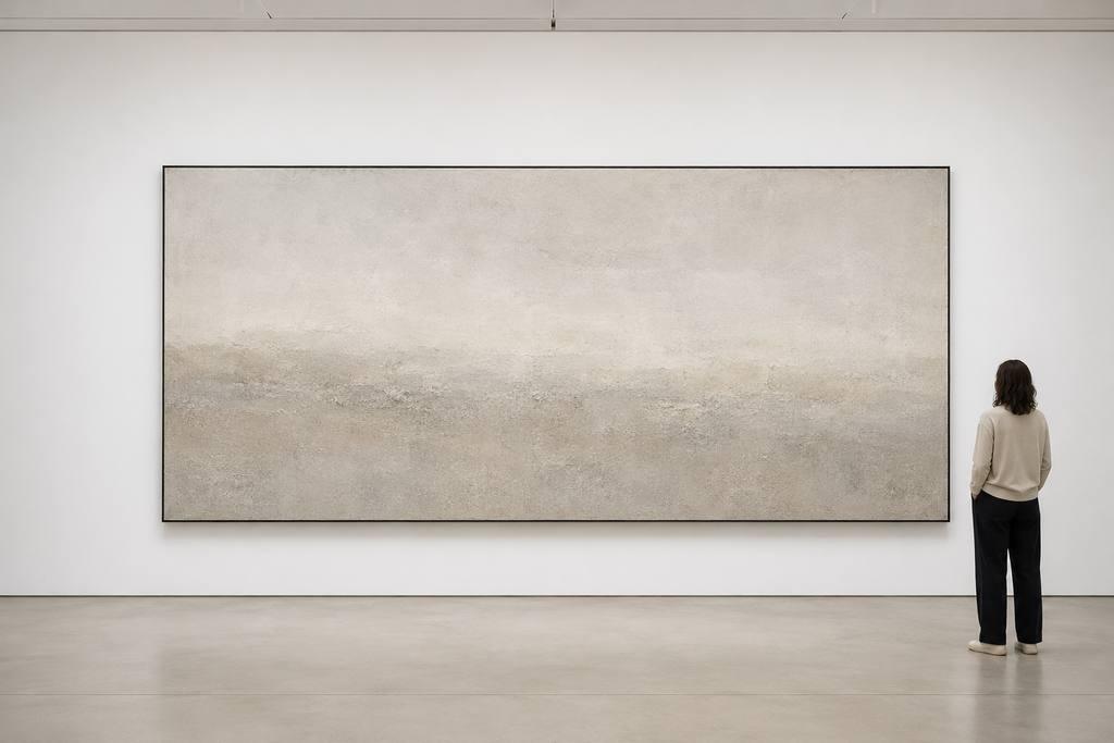 Vue principale Quiet Horizon: une surface presque monochrome composée de pigments minéraux, de chaux et de graphite.