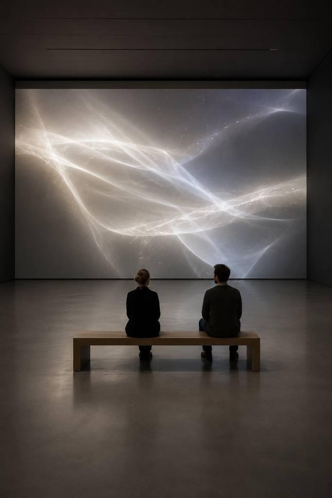 Vue principale Echo Field: des volumes de pierre calcaire reliés à des éléments d’acier et à des résonateurs acoustiques.
