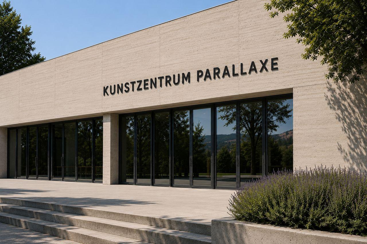 Hauptansicht der Parallaxe-Fassade mit hellem Beton, verglastem Eingang und patiniertem Stahl.