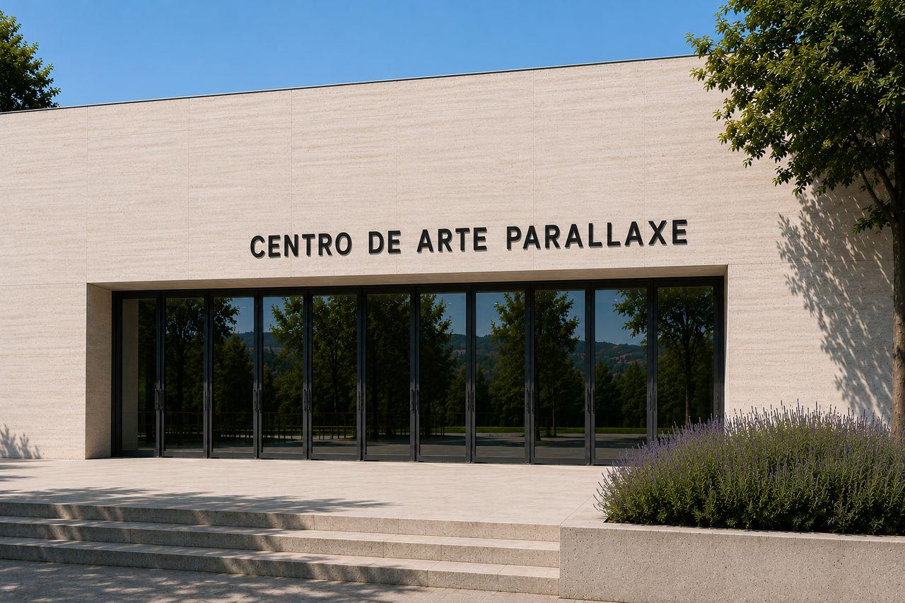 Vista principal de la fachada Parallaxe, con hormigón claro, entrada acristalada y acero patinado.