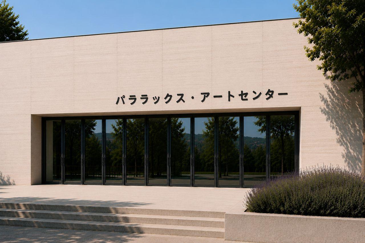 明るいコンクリート、ガラス張りの入口、緑青仕上げの鋼を組み合わせたパララックスの正面外観。