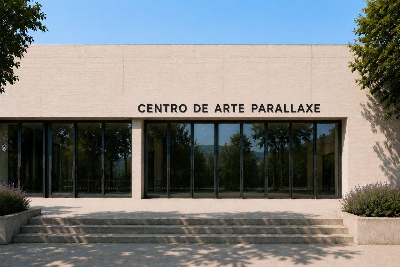 Vista principal da fachada Parallaxe, com concreto claro, entrada envidraçada e aço patinado.