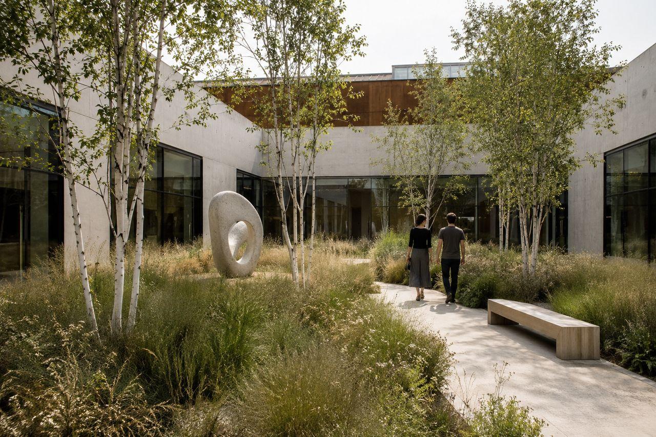 Jardin du centre, composé de cheminements minéraux et de plantations légères.